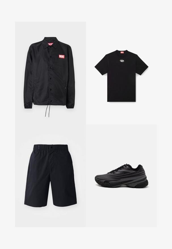 Melnā jaka no gludas, vieglas materiāla, ar pogu aizdari, elastīgām piedurknēm, sānu kabatām un sarkanu Diesel logo uzšuvumu.; Melnas kokvilnas T-krekls ar apaļu kakla izgriezumu un īsām piedurknēm. Uz priekšpuses centrā ir neliels, sudraba krāsas noslēpuma logotips izšūts.; Melnas šortus no viegla auduma, ar gludu priekšpusi, elastīgu jostasvietu un sānu kabatām. Vienkāršs dizains bez rakstiem.; Melnas skriešanas kurpes ar teksturētu virsu, kurai ir pelēkas svītras. Biezs zole nodrošina amortizāciju, apaļa purngalu un plakanas šņorītes, lai nodrošinātu drošu piegulšanu.