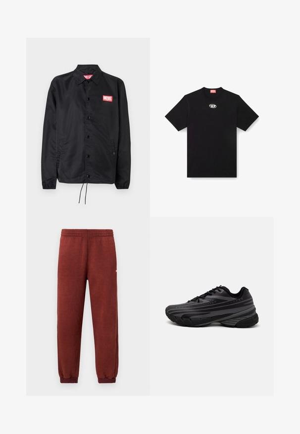 Chaqueta negra hecha de un material suave y ligero, con cierre de botones en el frente, puños elásticos, bolsillos laterales y un parche con el logo rojo de Diesel.; Camiseta de algodón negra con cuello redondo y mangas cortas. Presenta un pequeño logotipo plateado bordado en el centro del frente.; Pantalones de chándal de forro polar color óxido con cinturilla elástica y puños en los tobillos, exhibidos sobre un fondo blanco.; Zapatilla de running negra con parte superior texturizada que presenta franjas grises. Suela gruesa para amortiguación, puntera redonda y cordones planos para un ajuste seguro.