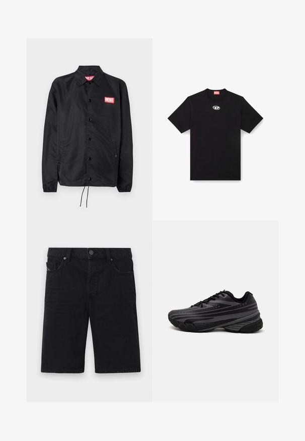 Fekete dzseki sima, könnyű anyagból, gombos elülső résszel, rugalmas mandzsettákkal, oldalsó zsebekkel és egy piros Diesel logós folttal.; Fekete pamut póló kerek nyakkivágással és rövid ujjakkal. Az elején középen egy kicsi, ezüst színű logó van hímzéssel.; Fekete farmer rövidnadrág egyenes szabással, öt zsebbel, fémbetétekkel és látható varratokkal. Puha tapintás és egyszerű dizájn.; Fekete futócipő texturált felsőrésszel, szürke csíkokkal. Vastag talp a párnázottságért, kerek orr, és lapos fűzők a biztos illeszkedés érdekében.