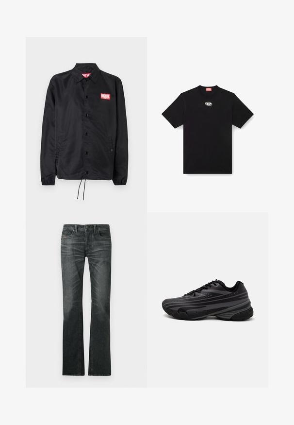 Must must, misasest kergest ja siledast materjalist, nupuvälinge, elastsete mansettide, küljetaskute ning punase Diesel logo plaastriga.; Must have ümberkaela ja lühikeste varrukatega must puuvillane T-särk. Esiküljel on väike hõbedane logo tikandina.; Tumed hallid denim püksid, millel on laienev siluett, nupuga kinnitamine, viis taskut ja peene kulumine esiküljel.; Mustad musta jooksujalats, mille tekstureeritud ülemine osa on hallide triipudega. Paks tallaga mugavuse tagamiseks, ümar varvas ja tasased paelad kindla istuvuse saavutamiseks.