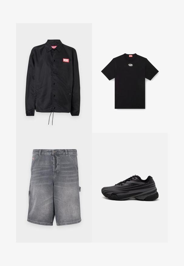 Must must, misasest kergest ja siledast materjalist, nupuvälinge, elastsete mansettide, küljetaskute ning punase Diesel logo plaastriga.; Must have ümberkaela ja lühikeste varrukatega must puuvillane T-särk. Esiküljel on väike hõbedane logo tikandina.; Hallid teksapüksid sirge lõikega, viie tasku ja tikanddetailidega. Nendel on nööp kinnituseks ja küljetihvt reguleerimiseks.; Mustad musta jooksujalats, mille tekstureeritud ülemine osa on hallide triipudega. Paks tallaga mugavuse tagamiseks, ümar varvas ja tasased paelad kindla istuvuse saavutamiseks.