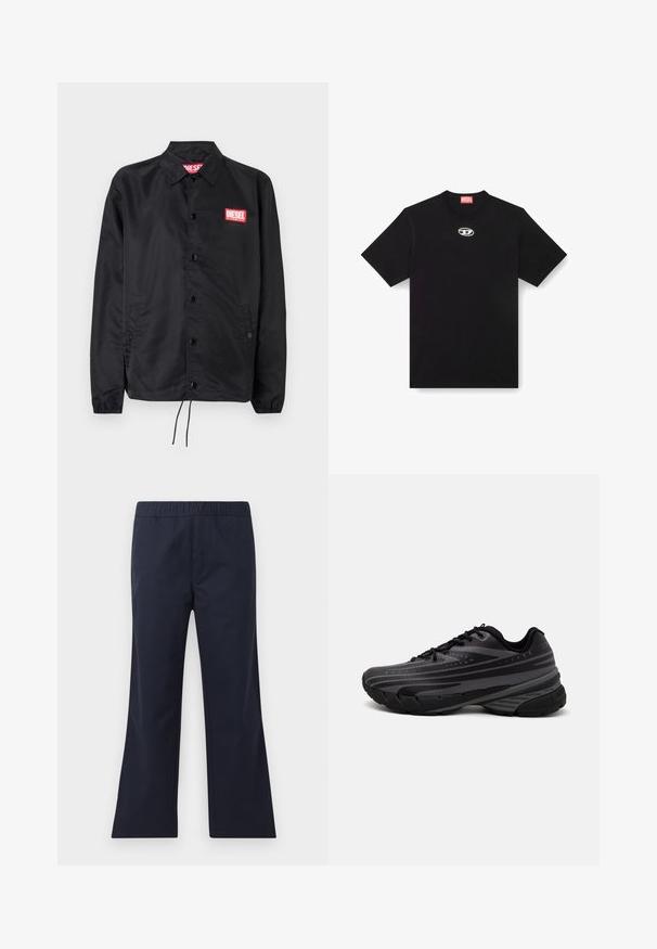 Jaqueta preta feita de material suave e leve, com fecho de botão na frente, punhos elásticos, bolsos laterais e um patch do logótipo vermelho da Diesel.; Camiseta de algodão preta com decote redondo e mangas curtas. Apresenta um pequeno logótipo prata bordado na parte central da frente.; Calças flare azul marinho, feitas de um tecido suave. Apresentam uma cintura elástica e bolsos laterais. Linhas limpas e design minimalista.; Shoe de corrida preta com um cabedal texturizado apresentando riscas cinzentas. Sola grossa para amortecimento, bico redondo e atacadores planos para um ajuste seguro.