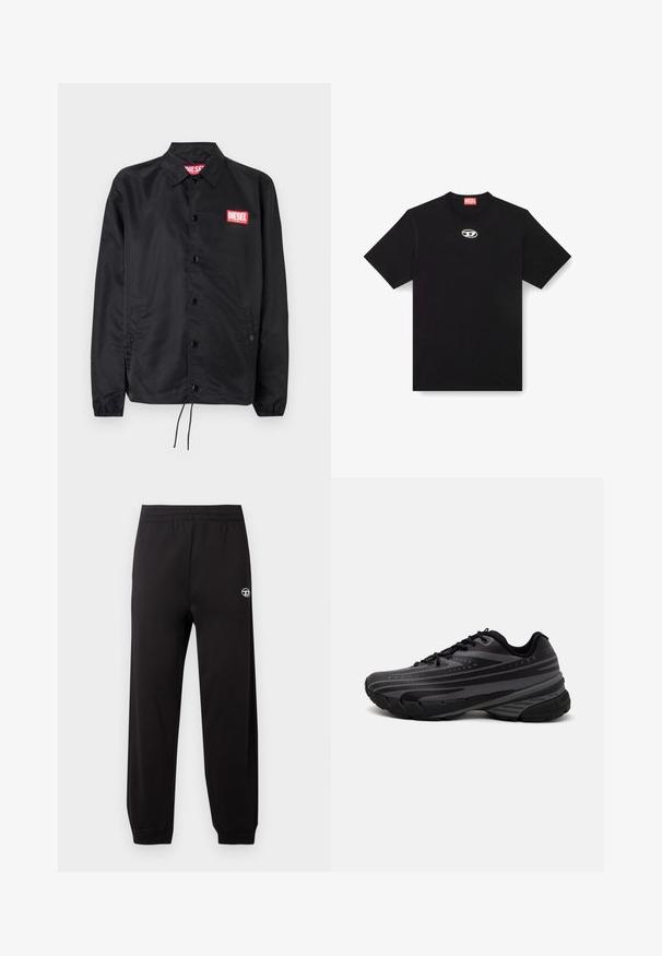 Juoda striukė, pagaminta iš lygaus, lengvo medžiagų, su mygtukų priekyje, elastinėmis rankovėmis, šoninėmis kišenėmis ir raudonu "Diesel" logotipo ženkleliu.; Juodas medvilninis marškinėlis su apvaliu iškirpimu ir trumpomis rankovėmis. Priekyje centre yra maža sidabrinė logotipo siuvinėjimas.; Juodi sportiniai kelnių savybės: elastinė juosmens dalis, siaurėjančios kojos ir mažas baltas logotipas kairėje pusėje. Audinys turi lygią tekstūrą.; Juodas bėgimo batelis su tekstūruotu viršumi, kuriame yra pilkos juostos. Storas padas amortizacijai, apvalus pirštas ir plokščios raištelės tvirtam prigludimui.