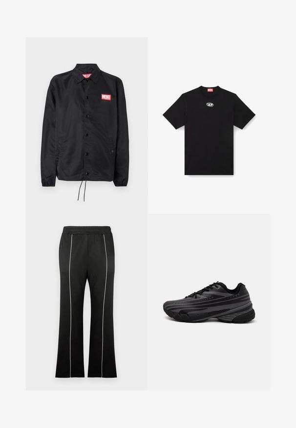 Black jacket made of smooth, lightweight material, featuring a button front, elastic cuffs, side pockets, and a red Diesel logo patch.; Black cotton t-shirt with a round neckline and short sleeves. Features a small, silver logo embroidered on the front center.; Black athletic pants with a fitted waistband, featuring white side stripes and a flared leg design. Made from soft, stretchable fabric.; Black running shoe with a textured upper featuring gray stripes. Thick sole for cushioning, round toe, and flat laces for secure fit.