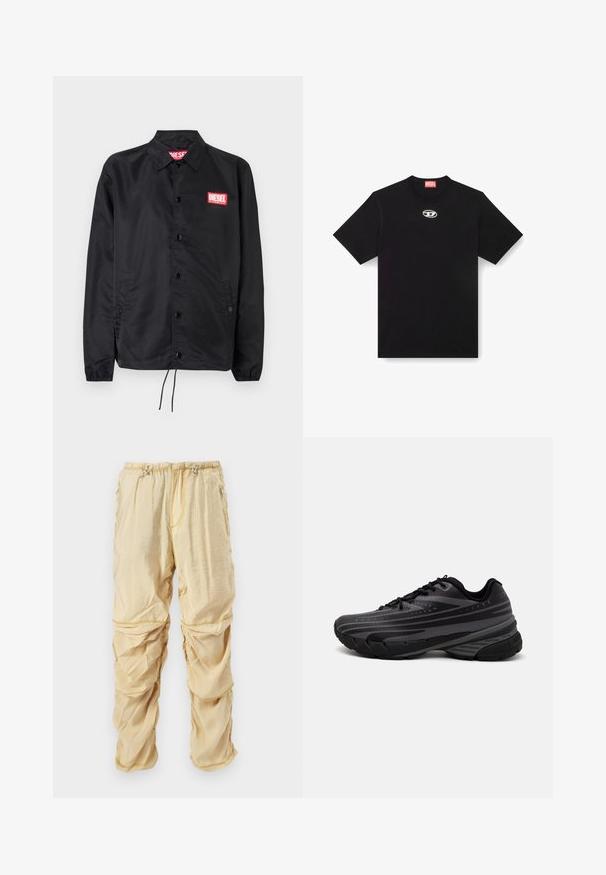 Veste noire en matériau lisse et léger, avec un devant à boutons, des poignets élastiques, des poches latérales et un patch logo rouge Diesel.; T-shirt en coton noir avec un col rond et des manches courtes. Présente un petit logo en argent brodé au centre avant.; Pantalons cargo en nylon beige clair avec cordons de serrage réglables à la taille et poches zippées, conçus avec des détails en tissu froncé et superposé.; Baskets de course noires avec une tige texturée comportant des rayures grises. Semelle épaisse pour un bon amorti, bout rond et lacets plats pour un maintien sécurisé.