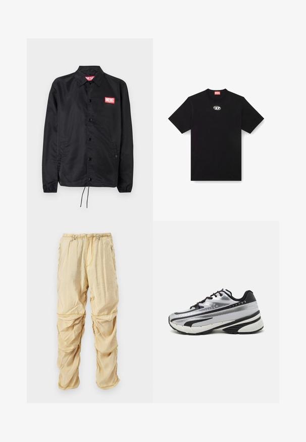 Svart jakke laget av glatt, lett materiale, med knappelukking, elastiske mansjetter, sidelommer og en rød Diesel-logo-patch.; Svart bomull T-skjorte med rund hals og korte ermer. Har en liten, sølvfarget logo brodert på midten foran.; Lys beige nylon cargo bukser med justerbare snore i taljen og lynlås-lommer, designet med rynkede, lagdelte stofdetaljer.; Løpesko med sølvfarget mesh-overdel, svarte detaljer og hvit såle. Har strukturert design og svarte snørebånd. Lettvektig og godt dempet.