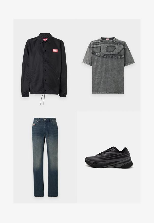 Black jacket made of smooth, lightweight material, featuring a button front, elastic cuffs, side pockets, and a red Diesel logo patch.; Gray denim short-sleeve T-shirt featuring a textured patch design across the chest and subtle distressed detailing on the fabric.; Straight-leg blue denim jeans with faded wash, front button and zipper closure, and five-pocket design.; Black running shoe with a textured upper featuring gray stripes. Thick sole for cushioning, round toe, and flat laces for secure fit.