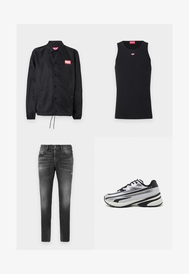 Black jacket made of smooth, lightweight material, featuring a button front, elastic cuffs, side pockets, and a red Diesel logo patch.; Black cotton tank top featuring a crew neck and sleeveless design. Small red Diesel logo stitched on the chest. Smooth texture, fitted shape.; Gray denim jeans with a slim fit, featuring slight whiskering, distressed details, and a traditional button closure.; Running shoe with a silver mesh upper, black accents, and white sole. Features textured design and black laces. Lightweight and cushioned.