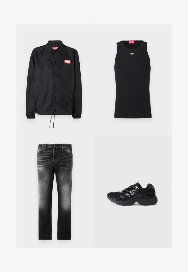 Jaqueta preta feita de material suave e leve, com fecho de botão na frente, punhos elásticos, bolsos laterais e um patch do logótipo vermelho da Diesel.; Camisola preta sem mangas feita de tecido suave, com decote redondo, aberturas para os braços e um pequeno logótipo vermelho no peito. Design simples.; Calças jeans pretas com acabamento desbotado e detalhes desgastados, design padrão de cinco bolsos e fecho com zip. Feitas de tecido denim.; Sapatilha atlética preta com material em malha e acentos sintéticos, bico arredondado, sola texturizada e detalhes brilhantes em contraste na parte superior.