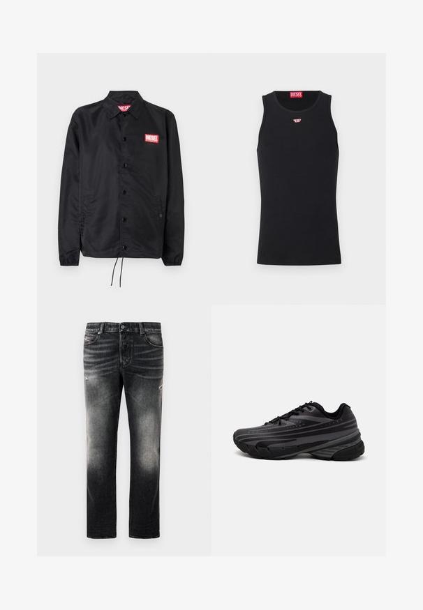 Fekete dzseki sima, könnyű anyagból, gombos elülső résszel, rugalmas mandzsettákkal, oldalsó zsebekkel és egy piros Diesel logós folttal.; Fekete ujjatlan trikó sima anyagból, kerek nyakrésszel, karöltőkkel és egy kis vörös logóval a mellkason. Egyszerű dizájn, ujjatlan.; Fekete farmernadrág, amely elhasználódott hatású és kopott részletekkel rendelkezik, klasszikus öt zsebes dizájnnal és cipzáras záródással. Denim anyagból készült.; Fekete futócipő texturált felsőrésszel, szürke csíkokkal. Vastag talp a párnázottságért, kerek orr, és lapos fűzők a biztos illeszkedés érdekében.
