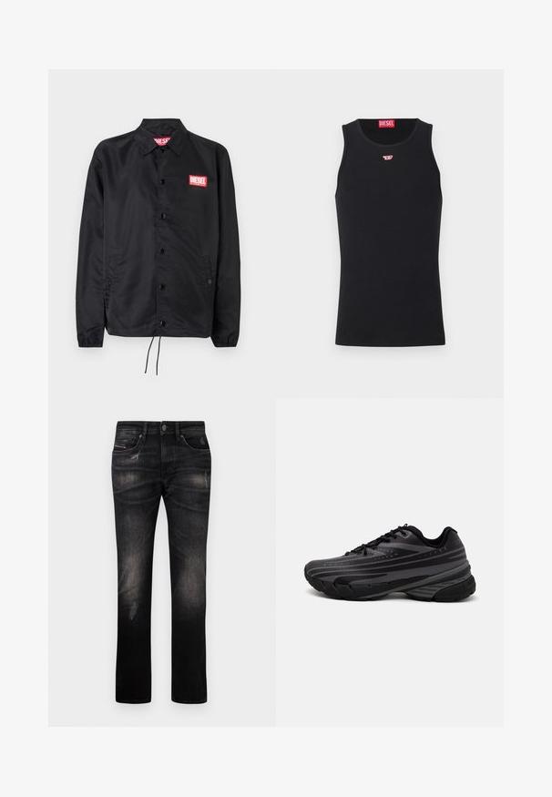 Veste noire en matériau lisse et léger, avec un devant à boutons, des poignets élastiques, des poches latérales et un patch logo rouge Diesel.; Débardeur en coton noir au design sans manches et col rond. Petit logo rouge Diesel cousu sur la poitrine. Texture lisse, coupe ajustée.; Des jeans en denim noir présentent une coupe droite, une texture délavée et un léger effet de déchirure. Ils comprennent des poches standard et une fermeture à bouton.; Baskets de course noires avec une tige texturée comportant des rayures grises. Semelle épaisse pour un bon amorti, bout rond et lacets plats pour un maintien sécurisé.