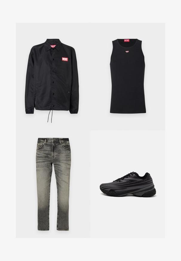 Crna jakna od glatkog, laganog materijala, s prednjim kopčanjem na dugmad, elastičnim manžetama, bočnim džepovima i crvenim Diesel logotipom.; Crna majica bez rukava od glatkog materijala, s okruglim izrezom, izrezima za ruke i malim crvenim logotipom na prsima. Jednostavan dizajn, bez rukava.; Crne i sive traperice s izblijedjelim završetkom, ravnog kroja, s dva prednja džepa, zatvaranjem na dugme i oštećenim detaljima.; Crna tenisica za trčanje s teksturiranim gornjim dijelom koji ima sive pruge. Debeli potplat za amortizaciju, okrugli vrh i ravne vezice za sigurno pristajanje.