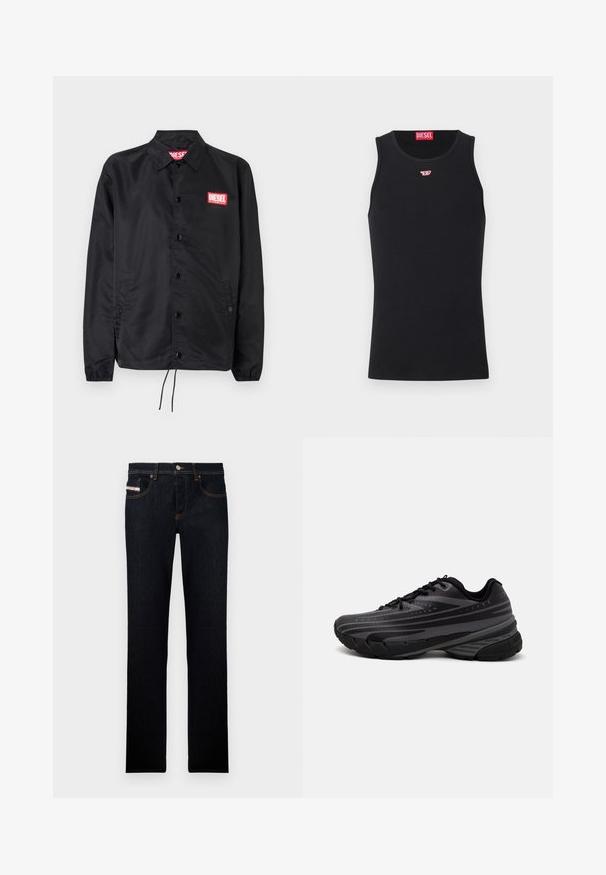 Jachetă neagră dintr-un material neted și ușor, cu închidere prin butoane, manșete elastice, buzunare laterale și o etichetă roșie cu logo-ul Diesel.; Top negru fără mâneci, confecționat dintr-un material neted, cu un guler rotund, decupaje pentru brațe și un mic logo roșu pe piept. Design simplu, fără mâneci.; Jeans din denim albastru închis cu un design drept, având cusături portocalii și o etichetă pe buzunarul din față. Închidere cu nasture metalic.; Pantof de alergare negru cu un superior texturat, având dungi gri. Talpă groasă pentru amortizare, vârf rotund și șireturi plate pentru o potrivire sigură.