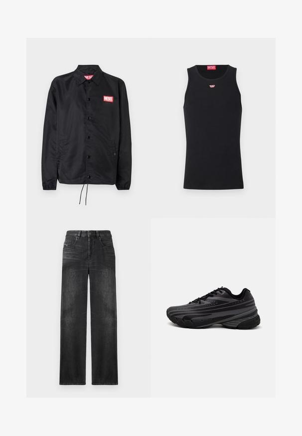 Chaqueta negra hecha de un material suave y ligero, con cierre de botones en el frente, puños elásticos, bolsillos laterales y un parche con el logo rojo de Diesel.; Camiseta sin mangas de algodón negra con cuello redondo. Pequeño logo rojo de Diesel bordado en el pecho. Textura suave, forma ajustada.; Vaqueros negros de pierna recta hechos de denim, con cinco bolsillos, trabillas para cinturón y un ligero desgaste en la tela para darle textura.; Zapatilla de running negra con parte superior texturizada que presenta franjas grises. Suela gruesa para amortiguación, puntera redonda y cordones planos para un ajuste seguro.