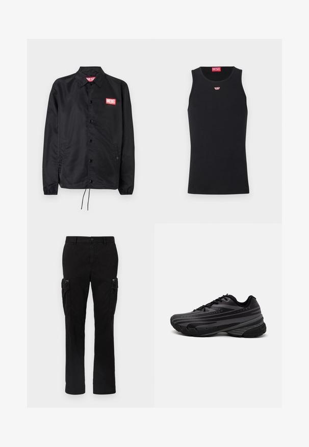 Jaqueta preta feita de material suave e leve, com fecho de botão na frente, punhos elásticos, bolsos laterais e um patch do logótipo vermelho da Diesel.; Camisola preta sem mangas feita de tecido suave, com decote redondo, aberturas para os braços e um pequeno logótipo vermelho no peito. Design simples.; Calças cargo pretas feitas de algodão, com dois bolsos laterais, um design de perna reta e costura visível nas costuras.; Shoe de corrida preta com um cabedal texturizado apresentando riscas cinzentas. Sola grossa para amortecimento, bico redondo e atacadores planos para um ajuste seguro.
