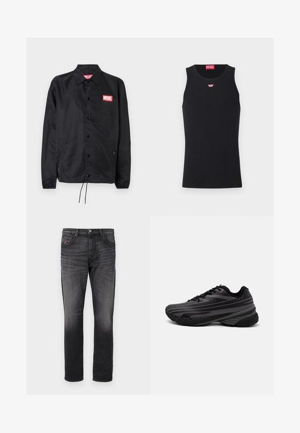 Crna jakna od glatkog, laganog materijala, s prednjim kopčanjem na dugmad, elastičnim manžetama, bočnim džepovima i crvenim Diesel logotipom.; Crni pamučni top bez rukava s okruglim izrezom. Mali crveni Diesel logotip izvezen na prsima. Glatka tekstura, prilagođeni oblik.; Crne traperice od denima s ravnim nogavicama, pet džepova, suptilnim izbljeđivanjem i malom crvenom tkaninom oznakom na prednjem džepu.; Crna tenisica za trčanje s teksturiranim gornjim dijelom koji ima sive pruge. Debeli potplat za amortizaciju, okrugli vrh i ravne vezice za sigurno pristajanje.