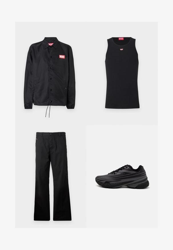 Chaqueta negra hecha de un material suave y ligero, con cierre de botones en el frente, puños elásticos, bolsillos laterales y un parche con el logo rojo de Diesel.; Camisa sin mangas negra de tela suave, con un escote redondo y sisas, y un pequeño logo rojo en el pecho. Diseño sencillo, sin mangas.; Pantalones rectos de algodón negros con cierre de botón. Presentan bolsillos laterales y un diseño minimalista sin patrones ni acentos visibles.; Zapatilla de running negra con parte superior texturizada que presenta franjas grises. Suela gruesa para amortiguación, puntera redonda y cordones planos para un ajuste seguro.