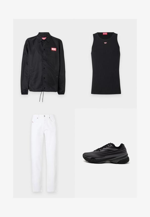 Čierna bunda vyrobená z hladkého, ľahkého materiálu, s predným zapínaním na gombíky, elastickými manžetami, bočnými vreckami a červeným logom Diesel na nášivke.; Čierny top bez rukávov vyrobený z hladkej látky, s okrúhlym výstrihom, otvorenými ramennými a malým červeným logom na hrudníku. Jednoduchý dizajn.; Biele džínsy s rovnými nohavicami, s tradičným dizajnom piatich vreciek a kovovým zapínaním. Minimalistický štýl bez vzorov.; Čierna bežecká obuv s textúrovaným zvrškom, ktorý má šedé pruhy. Hrubá podrážka pre odpruženie, okrúly špička a ploché šnúrky na bezpečné uchytenie.