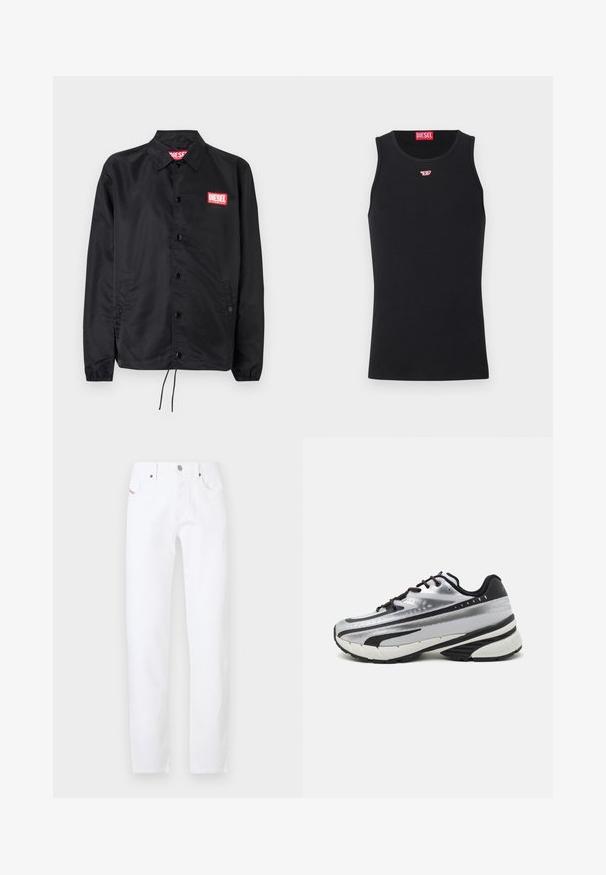 Jaqueta preta feita de material suave e leve, com fecho de botão na frente, punhos elásticos, bolsos laterais e um patch do logótipo vermelho da Diesel.; Top de algodão preto com decote redondo e sem mangas. Pequeno logótipo vermelho da Diesel bordado no peito. Textura suave, forma ajustada.; Jeans de ganga brancos com um corte de perna reta, apresentando um design clássico de cinco bolsos e fecho de botão metálico. Estilo minimalista sem padrões.; Sapatilhas de corrida com um upper em malha prateada, detalhes em preto e sola branca. Apresenta um design texturizado e atacadores pretos. Leves e acolchoadas.