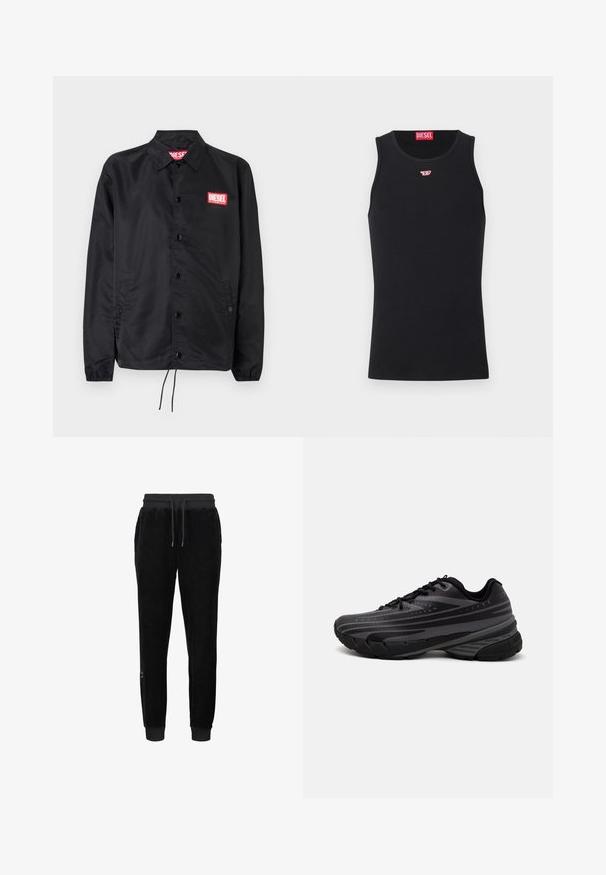 Čierna bunda vyrobená z hladkého, ľahkého materiálu, s predným zapínaním na gombíky, elastickými manžetami, bočnými vreckami a červeným logom Diesel na nášivke.; Čierny top bez rukávov vyrobený z hladkej látky, s okrúhlym výstrihom, otvorenými ramennými a malým červeným logom na hrudníku. Jednoduchý dizajn.; Čierne velúrové tepláky s rebrovaným pásom a manžetami, s kontrastnou šnúrkou na stiahnutie a malým logom na dolnej strane.; Čierna bežecká obuv s textúrovaným zvrškom, ktorý má šedé pruhy. Hrubá podrážka pre odpruženie, okrúly špička a ploché šnúrky na bezpečné uchytenie.