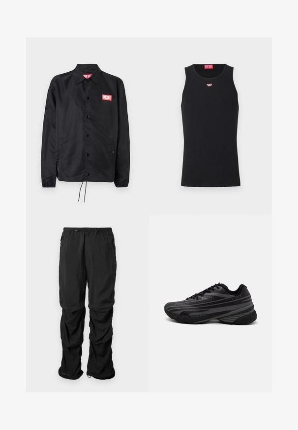 Čierna bunda vyrobená z hladkého, ľahkého materiálu, s predným zapínaním na gombíky, elastickými manžetami, bočnými vreckami a červeným logom Diesel na nášivke.; Čierny top bez rukávov vyrobený z hladkej látky, s okrúhlym výstrihom, otvorenými ramennými a malým červeným logom na hrudníku. Jednoduchý dizajn.; Čierne pracovné nohavice z ľahkej tkaniny majú elastický pás, nastaviteľné šnúrky a bočné vrecká s uvoľneným strihom.; Čierna bežecká obuv s textúrovaným zvrškom, ktorý má šedé pruhy. Hrubá podrážka pre odpruženie, okrúly špička a ploché šnúrky na bezpečné uchytenie.