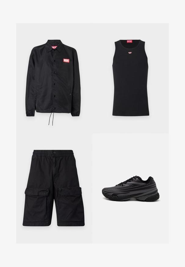 Melnā jaka no gludas, vieglas materiāla, ar pogu aizdari, elastīgām piedurknēm, sānu kabatām un sarkanu Diesel logo uzšuvumu.; Melna bezmaku topa blūze, izgatavota no gludas auduma, ar apaļu kakla izgriezumu, rokām un nelielu sarkanu logotipu uz krūtīm. Vienkāršs dizains, bez piedurknēm.; Melnas bikses, kas izgatavotas no izturīgas auduma ar elastīgu jostasvietu, divām lielām kabatām katrā pusē un izšuvuma detaļām.; Melnas skriešanas kurpes ar teksturētu virsu, kurai ir pelēkas svītras. Biezs zole nodrošina amortizāciju, apaļa purngalu un plakanas šņorītes, lai nodrošinātu drošu piegulšanu.