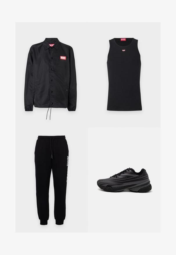 Črna jakna iz gladkega, lahkega materiala, z gumbnim zapiranjem, elastičnimi manšetami, stranskimi žepi in rdečim logotipom Diesel.; Črn top z gladkega materiala, ki ima okroglo izrezano ovratnik, rokavske odprtine in majhen rdeč logotip na prsih. Preprost dizajn, brez rokavov.; Črne trenirke iz mehkega blaga, z elastičnim pasom in vrvico, ožjimi hlačnicami ter logotipom ob strani.; Črne tekaške copate z teksturiranim zgornjim delom, ki ima sive črte. Debel podplat za blaženje udarcev, okrogla konica in ravne vezalke za varen oprijem.