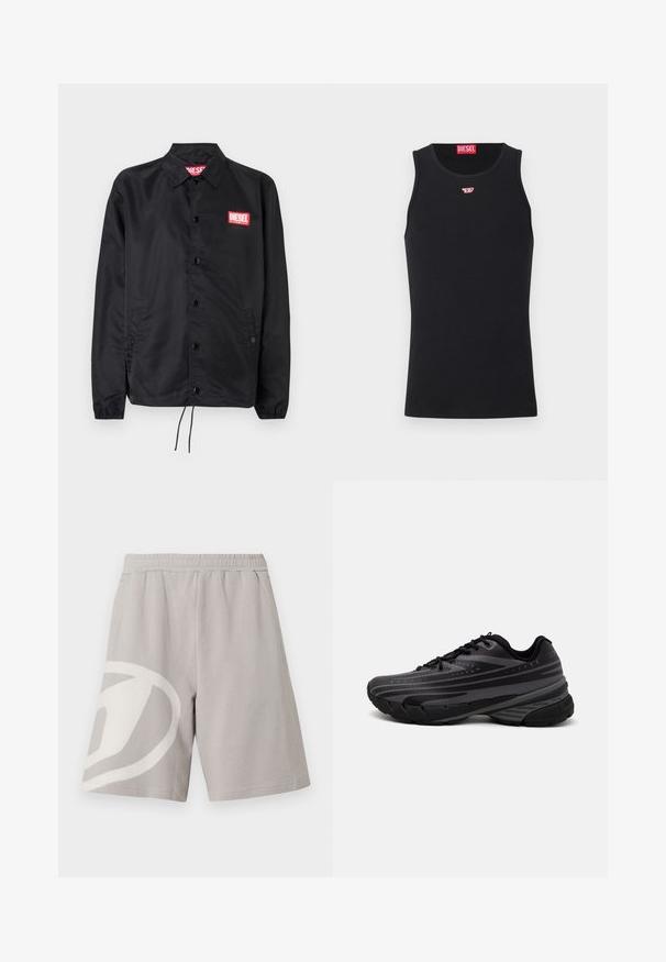 Črna jakna iz gladkega, lahkega materiala, z gumbnim zapiranjem, elastičnimi manšetami, stranskimi žepi in rdečim logotipom Diesel.; Črn top z gladkega materiala, ki ima okroglo izrezano ovratnik, rokavske odprtine in majhen rdeč logotip na prsih. Preprost dizajn, brez rokavov.; Svetlo sive priložnostne kratke hlače z elastičnim pasom in velikim belim abstraktnim dizajnom na levi nogi, prikazane na belem ozadju.; Črne tekaške copate z teksturiranim zgornjim delom, ki ima sive črte. Debel podplat za blaženje udarcev, okrogla konica in ravne vezalke za varen oprijem.