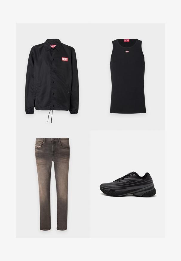 Chaqueta negra hecha de un material suave y ligero, con cierre de botones en el frente, puños elásticos, bolsillos laterales y un parche con el logo rojo de Diesel.; Camisa sin mangas negra de tela suave, con un escote redondo y sisas, y un pequeño logo rojo en el pecho. Diseño sencillo, sin mangas.; Jeans ajustados en un color negro desgastado, con cinco bolsillos, presillas para cinturón y cierre de cremallera. El material presenta una ligera textura con sutiles desgastes.; Zapatilla de running negra con parte superior texturizada que presenta franjas grises. Suela gruesa para amortiguación, puntera redonda y cordones planos para un ajuste seguro.