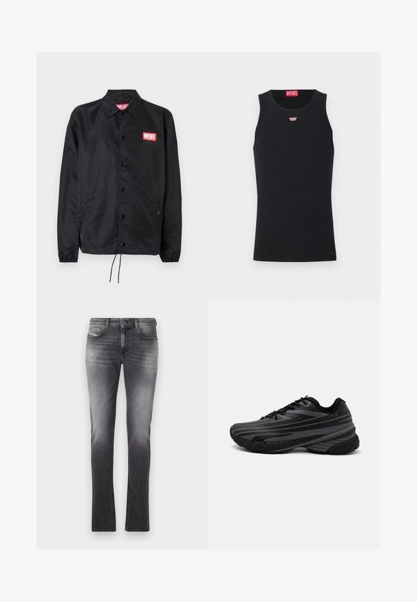 Fekete dzseki sima, könnyű anyagból, gombos elülső résszel, rugalmas mandzsettákkal, oldalsó zsebekkel és egy piros Diesel logós folttal.; Fekete ujjatlan trikó sima anyagból, kerek nyakrésszel, karöltőkkel és egy kis vörös logóval a mellkason. Egyszerű dizájn, ujjatlan.; Szürke farmernadrág slim fit szabással, öt zsebes kialakítással és enyhe kopással. Zipzáras flyjal és gombos zárással, valamint varrási díszítésekkel rendelkezik.; Fekete futócipő texturált felsőrésszel, szürke csíkokkal. Vastag talp a párnázottságért, kerek orr, és lapos fűzők a biztos illeszkedés érdekében.