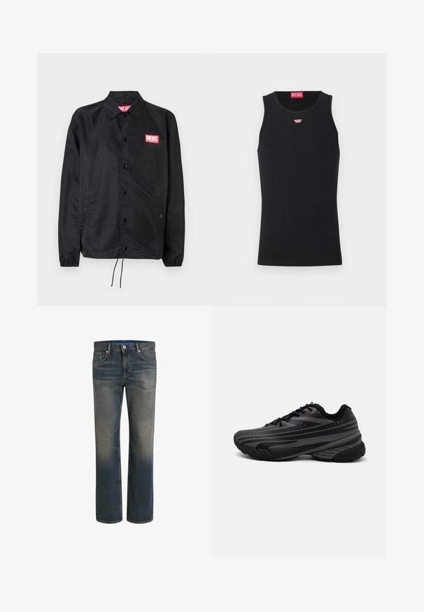 Juoda striukė, pagaminta iš lygaus, lengvo medžiagų, su mygtukų priekyje, elastinėmis rankovėmis, šoninėmis kišenėmis ir raudonu "Diesel" logotipo ženkleliu.; Juodas be Rankovių Маišelis, pagamintas iš lygaus audinio, su apvaliu kaklo išpjovimu, išpjovomis rankovėms ir mažuoju raudonu logotipu ant krūtinės. Paprastas dizainas, be rankovių.; Tamsiai mėlyni džinsai su išblukusiu gradientu, tiesauskirpimo dizainas, penkių kišenių stilius, metalinis mygtukas ir užtrauktukas, bei kontrastingas siuvinėjimas.; Juodas bėgimo batelis su tekstūruotu viršumi, kuriame yra pilkos juostos. Storas padas amortizacijai, apvalus pirštas ir plokščios raištelės tvirtam prigludimui.