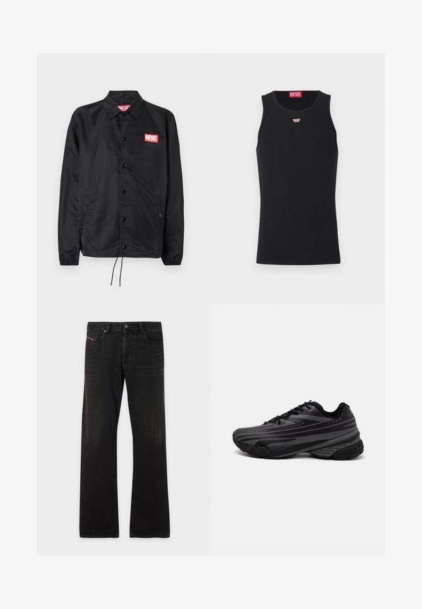 Juoda striukė, pagaminta iš lygaus, lengvo medžiagų, su mygtukų priekyje, elastinėmis rankovėmis, šoninėmis kišenėmis ir raudonu "Diesel" logotipo ženkleliu.; Juodas be Rankovių Маišelis, pagamintas iš lygaus audinio, su apvaliu kaklo išpjovimu, išpjovomis rankovėms ir mažuoju raudonu logotipu ant krūtinės. Paprastas dizainas, be rankovių.; Juodi džinsai tiesiomis kojinėmis su penkiais kišenėmis ir sagčių uždarymu, rodančiu lengvą išblukimą ant šlaunų ir kelių.; Juodas bėgimo batelis su tekstūruotu viršumi, kuriame yra pilkos juostos. Storas padas amortizacijai, apvalus pirštas ir plokščios raištelės tvirtam prigludimui.