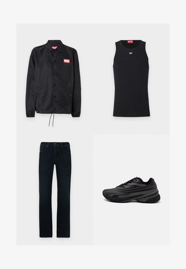 Czarna kurtka wykonana z gładkiego, lekkiego materiału, z przodem na guziki, elastycznymi mankietami, bocznymi kieszeniami i czerwoną naszywką z logo Diesel.; Czarny top na ramiączkach wykonany z gładkiego materiału, z okrągłym dekoltem, otworami na ramiona i małym czerwonym logo na piersi. Prosty design, bez rękawów.; Ciemne dżinsy z prostymi nogawkami, zdobione naszywkami w tonacji oraz klasycznym pasem z pięcioma kieszeniami.; Czarna biegowa obuwie z teksturowaną cholewką z szarymi paskami. Gruba podeszwa dla amortyzacji, okrągły czubek i płaskie sznurowadła zapewniające pewne dopasowanie.
