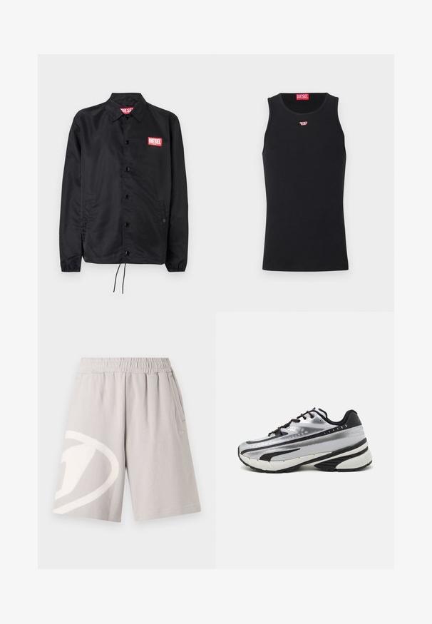 Melnā jaka no gludas, vieglas materiāla, ar pogu aizdari, elastīgām piedurknēm, sānu kabatām un sarkanu Diesel logo uzšuvumu.; Melna bezmaku topa blūze, izgatavota no gludas auduma, ar apaļu kakla izgriezumu, rokām un nelielu sarkanu logotipu uz krūtīm. Vienkāršs dizains, bez piedurknēm.; Pelēki kokvilnas šorti ar elastīgu jostasvietu, sānu kabatām un lielu baltu logotipu uz kreisā kājas. Gluda tekstūra, līdz ceļgaliem garums.; Skriešanas apavi ar sudraba acs augšdaļu, melniem akcentiem un baltu zolīti. Iezīmējas ar teksturētu dizainu un melnām auklām. Vieglie un mīkstie.