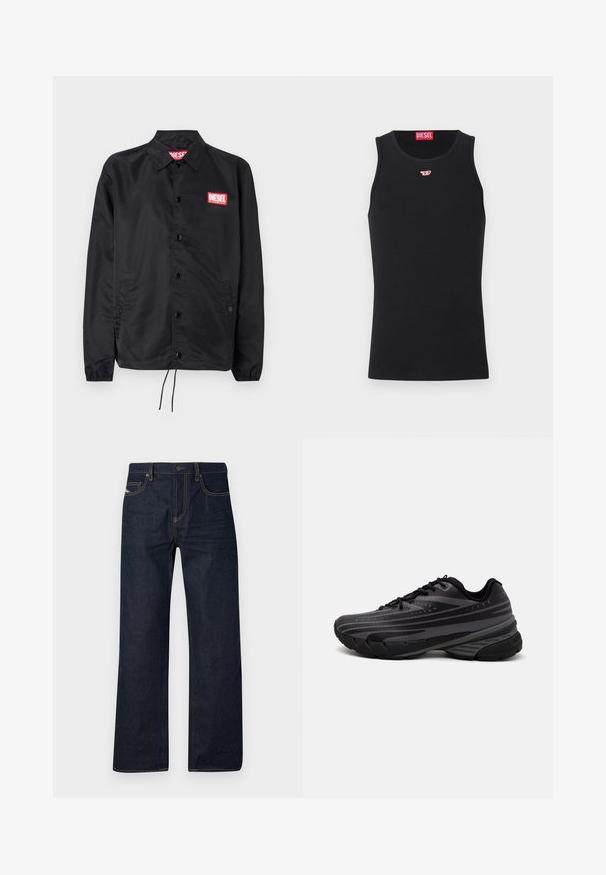Sort jakke lavet af glat, let materiale, med knaplukning fortil, elastiske manchetter, sidelommer og et rødt Diesel-logo patch.; Sort træningsskjorte lavet af glat stof, med rund halsudskæring, ærmehuller og et lille rødt logo på brystet. Simpelt design, ærmeløs.; Mørkeblå denim jeans med lige ben, kontrastfarvet gul syning, et klassisk five-pocket design og en knappelukning i taljen.; Sort løbesko med en struktureret overdel og grå striber. Tykk sål for støddæmpning, rund tå og flade snørebånd for et sikkert fit.
