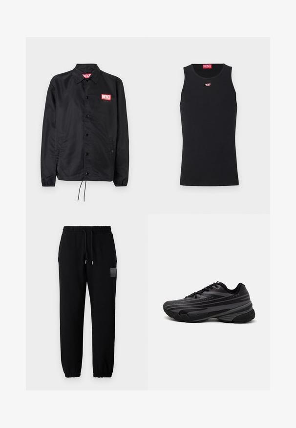 Zwarte jack van soepel, lichtgewicht materiaal, met een knoopsluiting, elastische manchetten, zijzakken en een rood Diesel logo patch.; Zwarte tanktop van gladde stof, met een ronde hals, armsgaten en een klein rood logo op de borst. Eenvoudig ontwerp, zonder mouwen.; Zwarte joggers met een elastische tailleband en strikkoord, met taps toelopende pijpen en een klein logo-patch op de bovenbeen.; Zwarte hardloopschoen met een gestructureerde bovenkant met grijze strepen. Dikke zool voor demping, ronde neus en platte veters voor een veilige pasvorm.