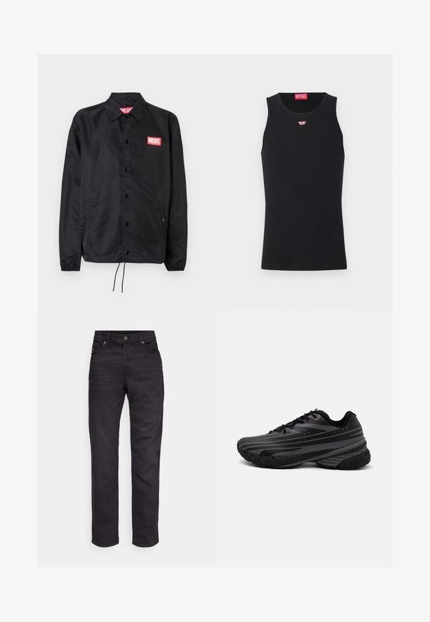 Chaqueta negra hecha de un material suave y ligero, con cierre de botones en el frente, puños elásticos, bolsillos laterales y un parche con el logo rojo de Diesel.; Camiseta sin mangas de algodón negra con cuello redondo. Pequeño logo rojo de Diesel bordado en el pecho. Textura suave, forma ajustada.; Jeans de mezclilla negra con un diseño de pierna recta, un ligero desvanecimiento, estilo de cinco bolsillos y un cierre de botón metálico en la cintura.; Zapatilla de running negra con parte superior texturizada que presenta franjas grises. Suela gruesa para amortiguación, puntera redonda y cordones planos para un ajuste seguro.
