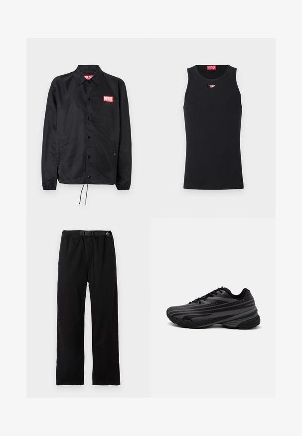 Fekete dzseki sima, könnyű anyagból, gombos elülső résszel, rugalmas mandzsettákkal, oldalsó zsebekkel és egy piros Diesel logós folttal.; Fekete ujjatlan trikó sima anyagból, kerek nyakrésszel, karöltőkkel és egy kis vörös logóval a mellkason. Egyszerű dizájn, ujjatlan.; Fekete, könnyű nadrág elasztikus derékrésszel és állítható övvel, egyenes szárú kialakítással és sima textúrával.; Fekete futócipő texturált felsőrésszel, szürke csíkokkal. Vastag talp a párnázottságért, kerek orr, és lapos fűzők a biztos illeszkedés érdekében.