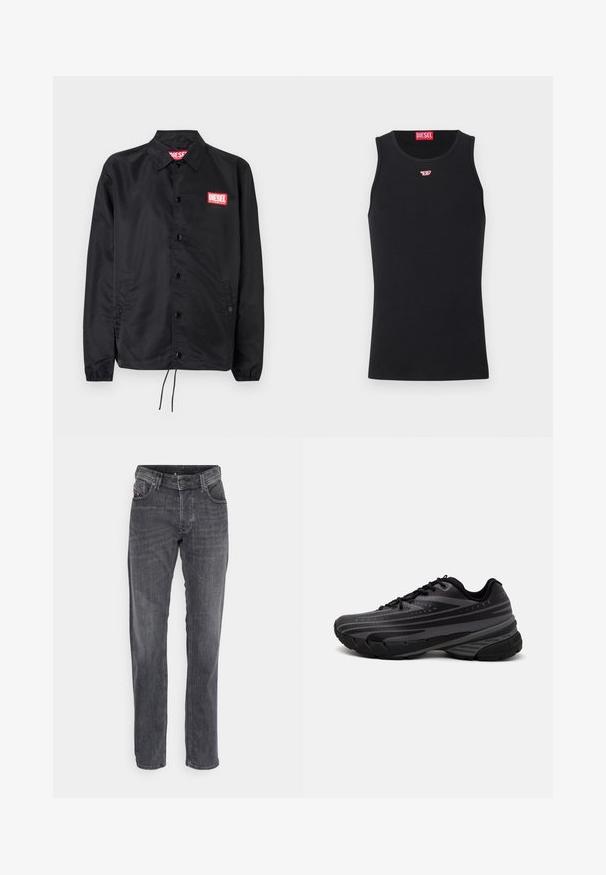 Chaqueta negra hecha de un material suave y ligero, con cierre de botones en el frente, puños elásticos, bolsillos laterales y un parche con el logo rojo de Diesel.; Camisa sin mangas negra de tela suave, con un escote redondo y sisas, y un pequeño logo rojo en el pecho. Diseño sencillo, sin mangas.; Diesel LARKEE - Vaqueros rectos - 02; Zapatilla de running negra con parte superior texturizada que presenta franjas grises. Suela gruesa para amortiguación, puntera redonda y cordones planos para un ajuste seguro.