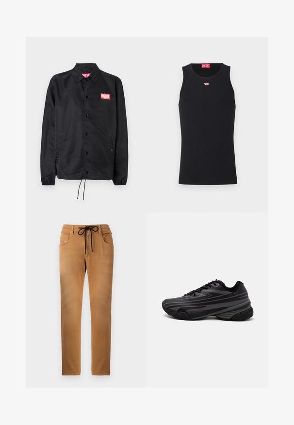 Crna jakna od glatkog, laganog materijala, s prednjim kopčanjem na dugmad, elastičnim manžetama, bočnim džepovima i crvenim Diesel logotipom.; Crna majica bez rukava od glatkog materijala, s okruglim izrezom, izrezima za ruke i malim crvenim logotipom na prsima. Jednostavan dizajn, bez rukava.; Svijetlosmeđi hlače s mekim tekstilom, elastičnim pojasom na vezanje i detaljem uzorka na džepovima. Ravne nogavice s šivenim šavovima.; Crna tenisica za trčanje s teksturiranim gornjim dijelom koji ima sive pruge. Debeli potplat za amortizaciju, okrugli vrh i ravne vezice za sigurno pristajanje.