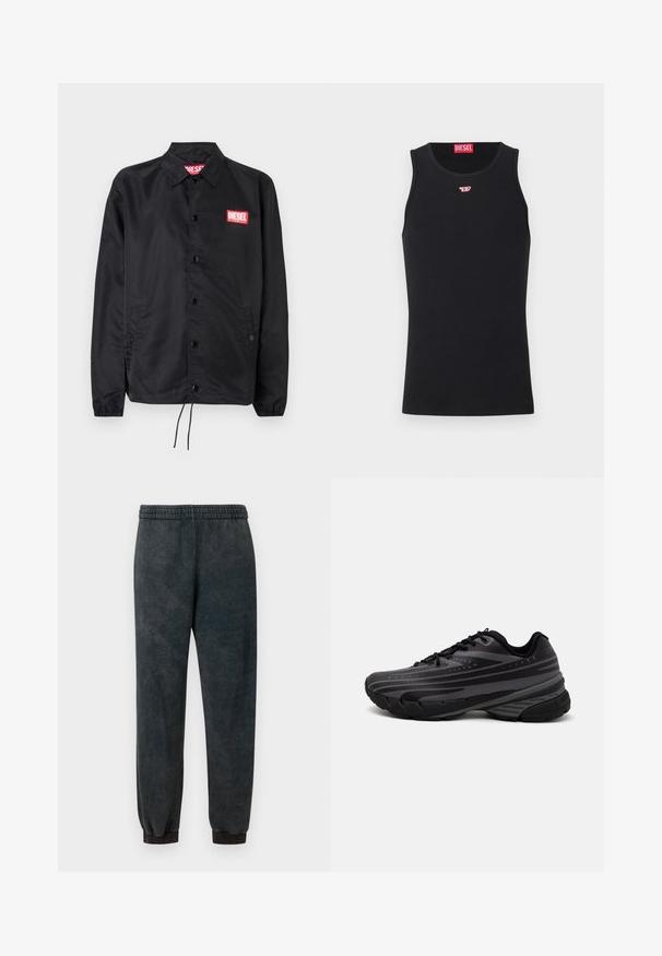 Czarna kurtka wykonana z gładkiego, lekkiego materiału, z przodem na guziki, elastycznymi mankietami, bocznymi kieszeniami i czerwoną naszywką z logo Diesel.; Czarny top na ramiączkach wykonany z gładkiego materiału, z okrągłym dekoltem, otworami na ramiona i małym czerwonym logo na piersi. Prosty design, bez rękawów.; Ciemnoszare dresowe spodnie z polaru z elastycznym paskiem i mankietami, o prostym kroju, zaprojektowane do codziennego noszenia.; Czarna biegowa obuwie z teksturowaną cholewką z szarymi paskami. Gruba podeszwa dla amortyzacji, okrągły czubek i płaskie sznurowadła zapewniające pewne dopasowanie.