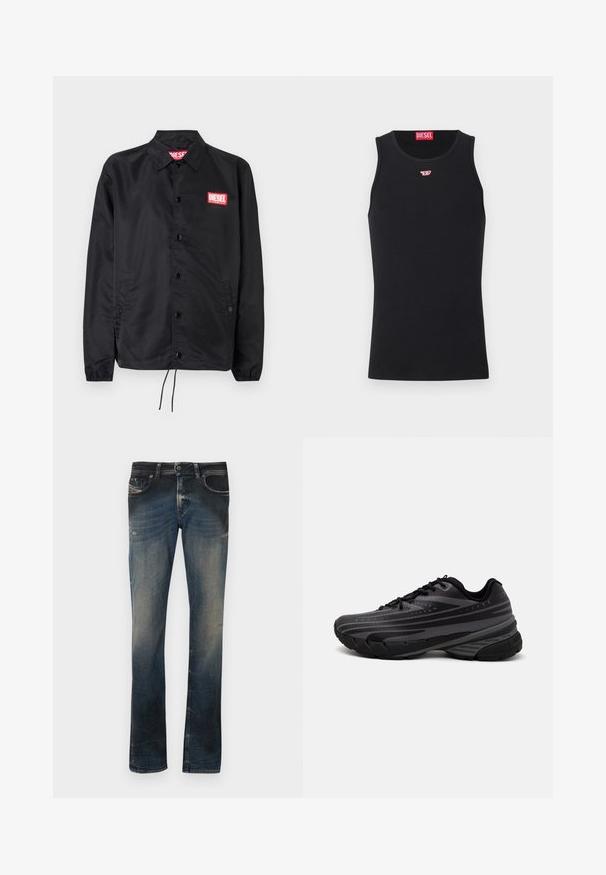 Crna jakna od glatkog, laganog materijala, s prednjim kopčanjem na dugmad, elastičnim manžetama, bočnim džepovima i crvenim Diesel logotipom.; Crna majica bez rukava od glatkog materijala, s okruglim izrezom, izrezima za ruke i malim crvenim logotipom na prsima. Jednostavan dizajn, bez rukava.; Tamno plave traperice s blagim izblijedjenjem, s pet džepova, patentnim zatvaračem i detaljima šivanja. Ravnog kroja s manjim oštećenjem.; Crna tenisica za trčanje s teksturiranim gornjim dijelom koji ima sive pruge. Debeli potplat za amortizaciju, okrugli vrh i ravne vezice za sigurno pristajanje.