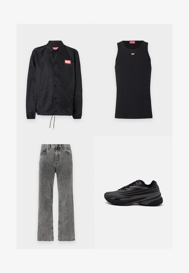 Crna jakna od glatkog, laganog materijala, s prednjim kopčanjem na dugmad, elastičnim manžetama, bočnim džepovima i crvenim Diesel logotipom.; Crna majica bez rukava od glatkog materijala, s okruglim izrezom, izrezima za ruke i malim crvenim logotipom na prsima. Jednostavan dizajn, bez rukava.; Crne traperice od opranog denima ravnog kroja s prednjim gumbom i patentnim zatvaračem, petljama za pojas i dizajnom s pet džepova.; Crna tenisica za trčanje s teksturiranim gornjim dijelom koji ima sive pruge. Debeli potplat za amortizaciju, okrugli vrh i ravne vezice za sigurno pristajanje.
