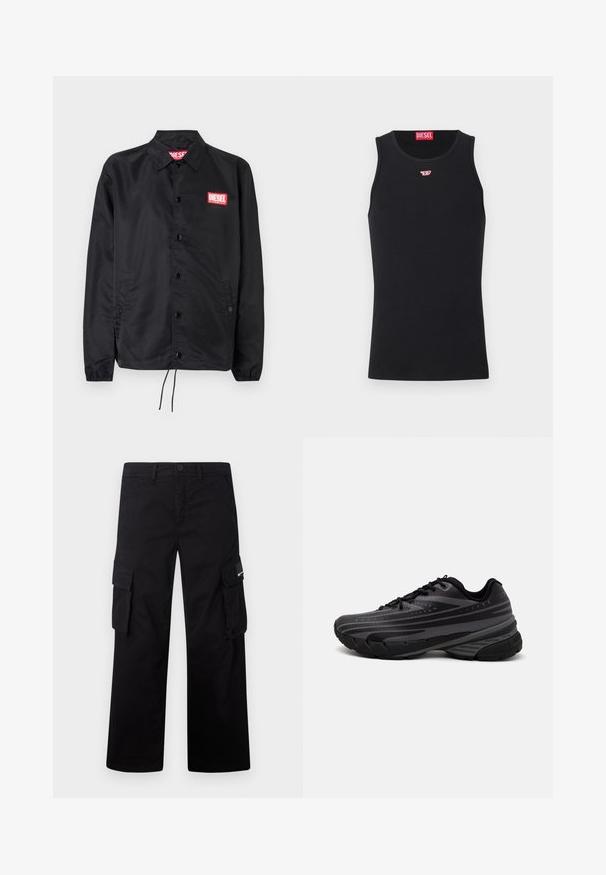 Must must, misasest kergest ja siledast materjalist, nupuvälinge, elastsete mansettide, küljetaskute ning punase Diesel logo plaastriga.; Mustmust särgid, mis on valmistatud siledast kangast, ümmarguse kaelusega, käeaukudega ja väikese punase logoga rinnal. Lihtne disain, ilma varrukateta.; Mustad mustad püksid, mis on valmistatud vastupidavast kangast, sirge jala kujundusega, külgtaskute ja nupukinnitusega.; Mustad musta jooksujalats, mille tekstureeritud ülemine osa on hallide triipudega. Paks tallaga mugavuse tagamiseks, ümar varvas ja tasased paelad kindla istuvuse saavutamiseks.