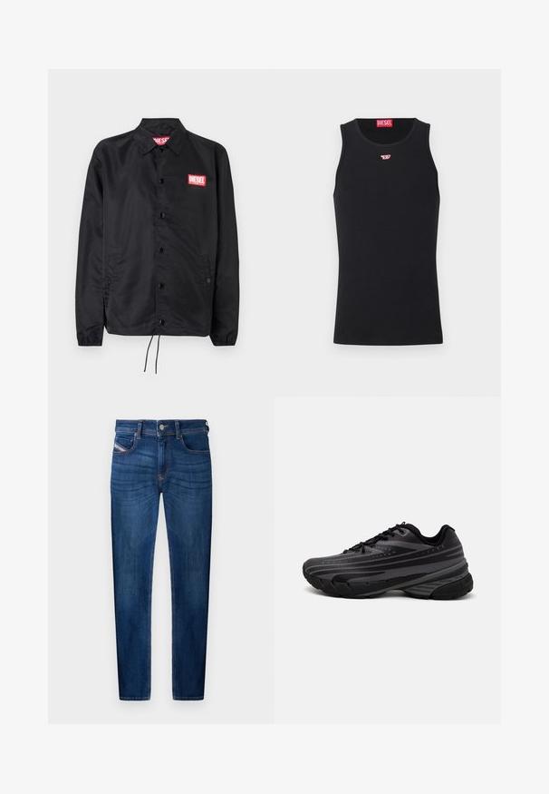 Chaqueta negra hecha de un material suave y ligero, con cierre de botones en el frente, puños elásticos, bolsillos laterales y un parche con el logo rojo de Diesel.; Camisa sin mangas negra de tela suave, con un escote redondo y sisas, y un pequeño logo rojo en el pecho. Diseño sencillo, sin mangas.; Jeans de mezclilla azul oscuro con corte recto, diseño de cinco bolsillos, detalles de costura visibles y cierre de botón metálico.; Zapatilla de running negra con parte superior texturizada que presenta franjas grises. Suela gruesa para amortiguación, puntera redonda y cordones planos para un ajuste seguro.