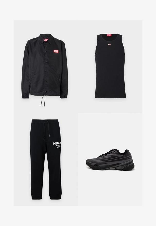 Schwarze Jacke aus glattem, leichtem Material mit Knopfriegel, elastischen Bündchen, seitlichen Taschen und einem roten Diesel-Logo-Patch.; Schwarzes Tanktop aus glattem Stoff, mit rundem Halsausschnitt, Armausschnitten und einem kleinen roten Logo auf der Brust. Einfaches Design, ärmellos.; Schwarze Sweatpants aus einem Baumwollmix, mit einem Kordelzugbund, schmal zulaufenden Beinen und einem weißen bedruckten Logo und Text auf dem linken Oberschenkel.; Schwarzer Laufschuh mit einem strukturierten Obermaterial, das graue Streifen aufweist. Dicke Sohle zur Dämpfung, runder Zehenbereich und flache Schnürsenkel für einen sicheren Sitz.