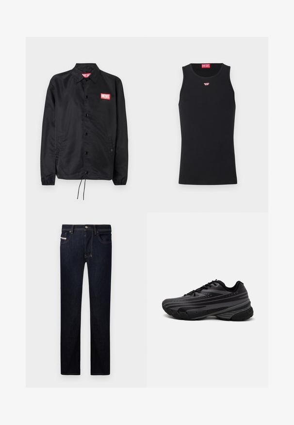 Črna jakna iz gladkega, lahkega materiala, z gumbnim zapiranjem, elastičnimi manšetami, stranskimi žepi in rdečim logotipom Diesel.; Črn top z gladkega materiala, ki ima okroglo izrezano ovratnik, rokavske odprtine in majhen rdeč logotip na prsih. Preprost dizajn, brez rokavov.; Temno modri kavbojki s ravnim krojem, ki imajo pet žepov, kontrastno šivanje in kovinsko gumbno zapiranje.; Črne tekaške copate z teksturiranim zgornjim delom, ki ima sive črte. Debel podplat za blaženje udarcev, okrogla konica in ravne vezalke za varen oprijem.