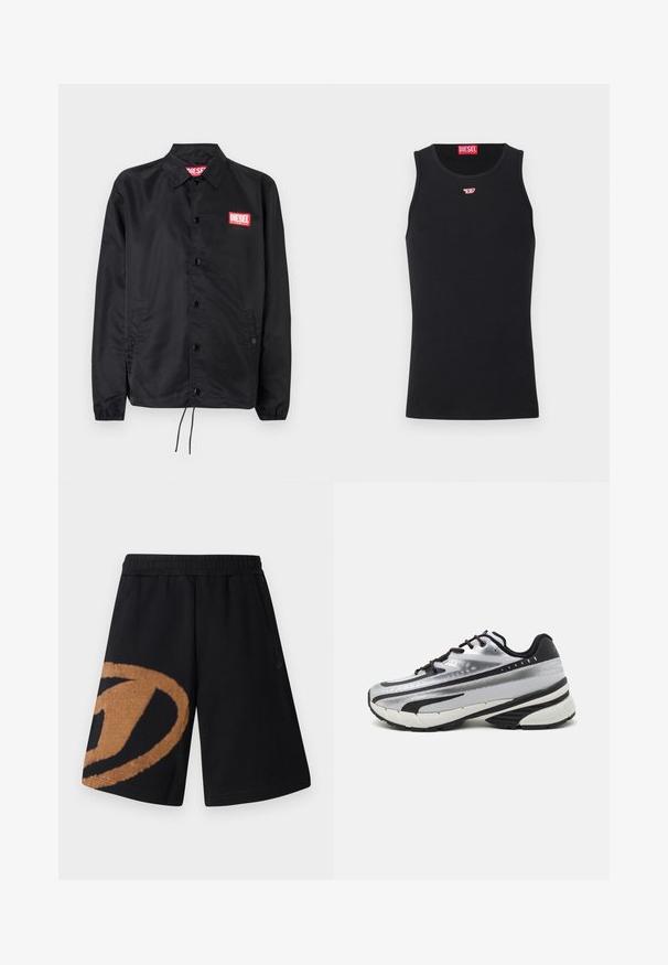 Jachetă neagră dintr-un material neted și ușor, cu închidere prin butoane, manșete elastice, buzunare laterale și o etichetă roșie cu logo-ul Diesel.; Top din bumbac negru, cu gât rotund și fără mâneci. Logo-ul mic Diesel, brodat pe piept, de culoare roșie. Textură netedă, formă ajustată.; Pantaloni scurți negri cu un talie elastică, având un mare logo circular maro pe piciorul stâng. Fabricat dintr-un material moale și respirabil.; Pantof cu alergare cu un țesut superior din plasă argintie, accente negre și talpă albă. Dispune de un design texturat și șireturi negre. Ușor și căptușit.