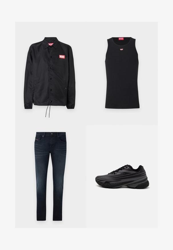 Must must, misasest kergest ja siledast materjalist, nupuvälinge, elastsete mansettide, küljetaskute ning punase Diesel logo plaastriga.; Mustmust särgid, mis on valmistatud siledast kangast, ümmarguse kaelusega, käeaukudega ja väikese punase logoga rinnal. Lihtne disain, ilma varrukateta.; Tumedat sinised teksad, slim fit'i lõikega, viie tasku ning õrna tuhmumisega, mida kaunistab metallist nööp vöökohal.; Mustad musta jooksujalats, mille tekstureeritud ülemine osa on hallide triipudega. Paks tallaga mugavuse tagamiseks, ümar varvas ja tasased paelad kindla istuvuse saavutamiseks.