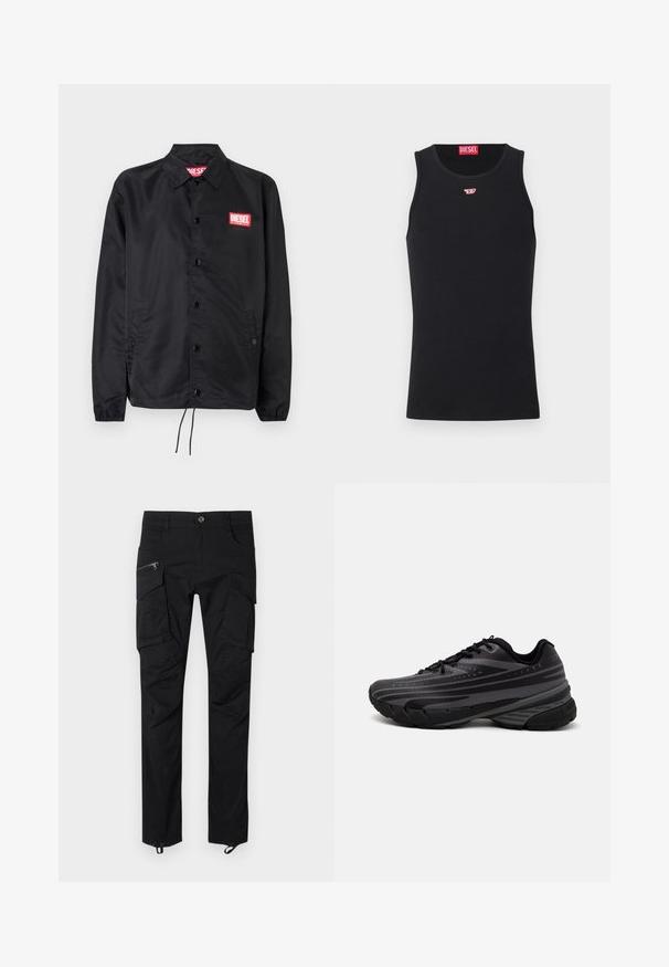 Zwarte jack van soepel, lichtgewicht materiaal, met een knoopsluiting, elastische manchetten, zijzakken en een rood Diesel logo patch.; Zwarte tanktop van gladde stof, met een ronde hals, armsgaten en een klein rood logo op de borst. Eenvoudig ontwerp, zonder mouwen.; Zwarte cargobroek van duurzaam materiaal met meerdere zakken, ritssluitingen en een verstelbare zoom voor een veilige pasvorm.; Zwarte hardloopschoen met een gestructureerde bovenkant met grijze strepen. Dikke zool voor demping, ronde neus en platte veters voor een veilige pasvorm.